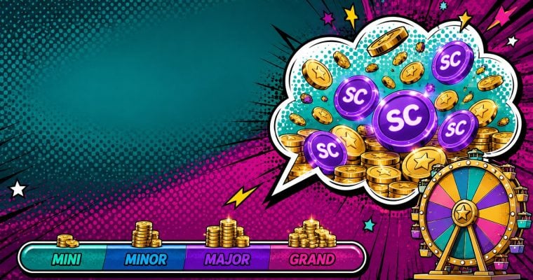 Comic style burst of gold and sweeps coins with bonus wheel and jackpot meter for Hello Millions existing player bonuses