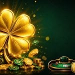 Golden four-leaf clover with gold and sweeps coins and a low redemption badge for McLuck new player welcome bonus