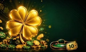 Golden four-leaf clover with gold and sweeps coins and a low redemption badge for McLuck new player welcome bonus