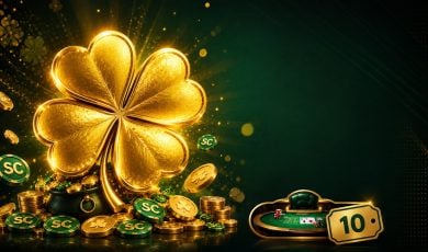 Golden four-leaf clover with gold and sweeps coins and a low redemption badge for McLuck new player welcome bonus