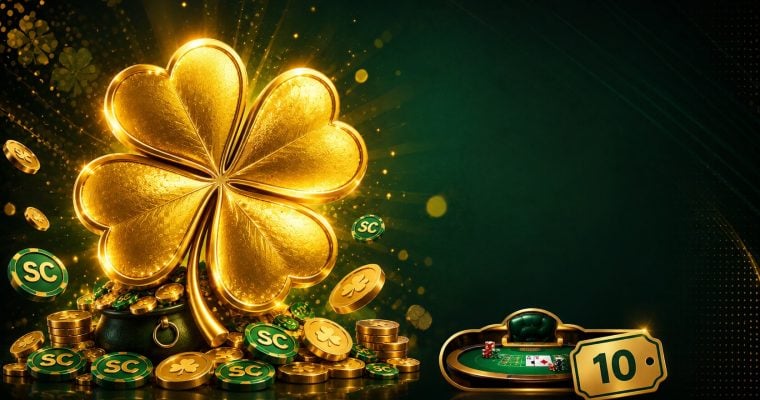 Golden four-leaf clover with gold and sweeps coins and a low redemption badge for McLuck new player welcome bonus