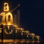 Alt text: Gold ranking podium with a large number 10 and open padlock icon for the top 10 online casinos with no deposit bonuses
