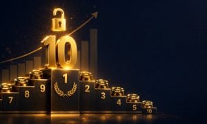 Alt text: Gold ranking podium with a large number 10 and open padlock icon for the top 10 online casinos with no deposit bonuses