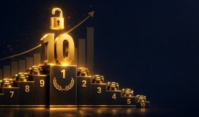 Alt text: Gold ranking podium with a large number 10 and open padlock icon for the top 10 online casinos with no deposit bonuses
