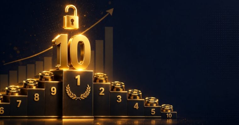 Alt text: Gold ranking podium with a large number 10 and open padlock icon for the top 10 online casinos with no deposit bonuses