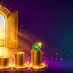 Golden dice tumbling across green felt with coins and a faint clock motif for the Rolling Riches sweepstakes casino review