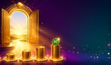 Golden dice tumbling across green felt with coins and a faint clock motif for the Rolling Riches sweepstakes casino review