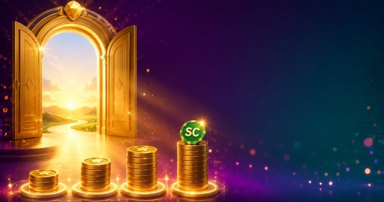 Golden dice tumbling across green felt with coins and a faint clock motif for the Rolling Riches sweepstakes casino review