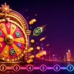 Neon arch framing a gold daily prize wheel with coins and a tier ladder for Wow Vegas existing player bonuses