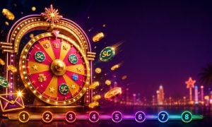 Neon arch framing a gold daily prize wheel with coins and a tier ladder for Wow Vegas existing player bonuses