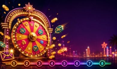 Neon arch framing a gold daily prize wheel with coins and a tier ladder for Wow Vegas existing player bonuses