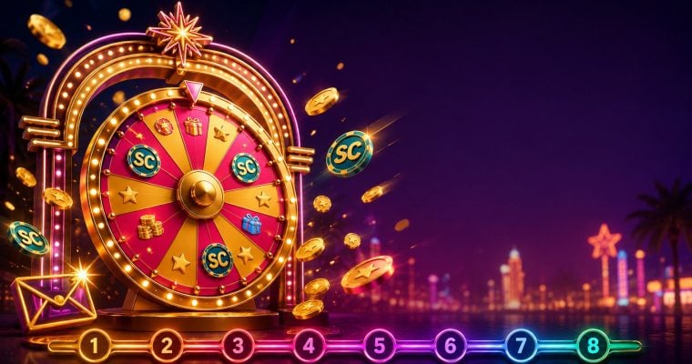 Neon arch framing a gold daily prize wheel with coins and a tier ladder for Wow Vegas existing player bonuses