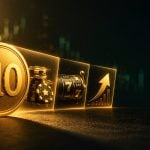 Alt text: Gold coin stamped with 10 casting a long shadow beside chips and a slot reel for $10 minimum deposit casinos