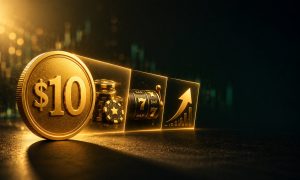 Alt text: Gold coin stamped with 10 casting a long shadow beside chips and a slot reel for $10 minimum deposit casinos