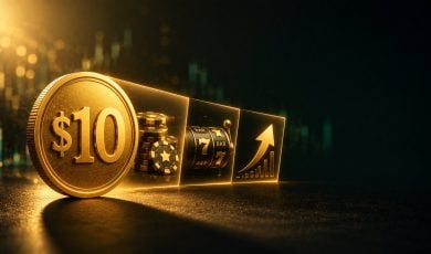 Alt text: Gold coin stamped with 10 casting a long shadow beside chips and a slot reel for $10 minimum deposit casinos