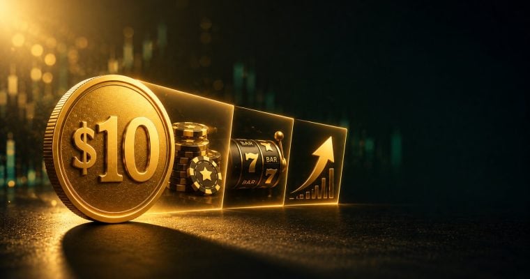 Alt text: Gold coin stamped with 10 casting a long shadow beside chips and a slot reel for $10 minimum deposit casinos