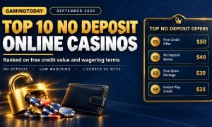 Open gold padlock spilling chips beside an unopened wallet and a ranked offers panel for the top 10 no deposit online casinos