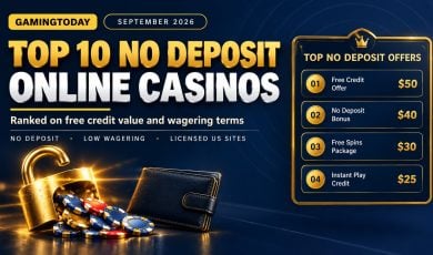 Open gold padlock spilling chips beside an unopened wallet and a ranked offers panel for the top 10 no deposit online casinos