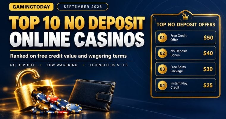 Open gold padlock spilling chips beside an unopened wallet and a ranked offers panel for the top 10 no deposit online casinos