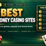 Gold and crimson casino chips with fanned playing cards and a top five leaderboard panel for the 20 best real money casino sites this week