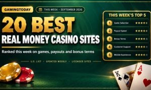 Gold and crimson casino chips with fanned playing cards and a top five leaderboard panel for the 20 best real money casino sites this week