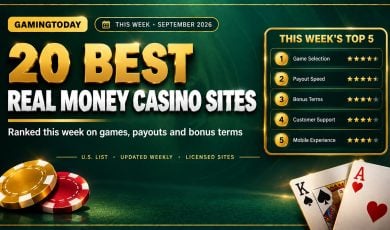 Gold and crimson casino chips with fanned playing cards and a top five leaderboard panel for the 20 best real money casino sites this week