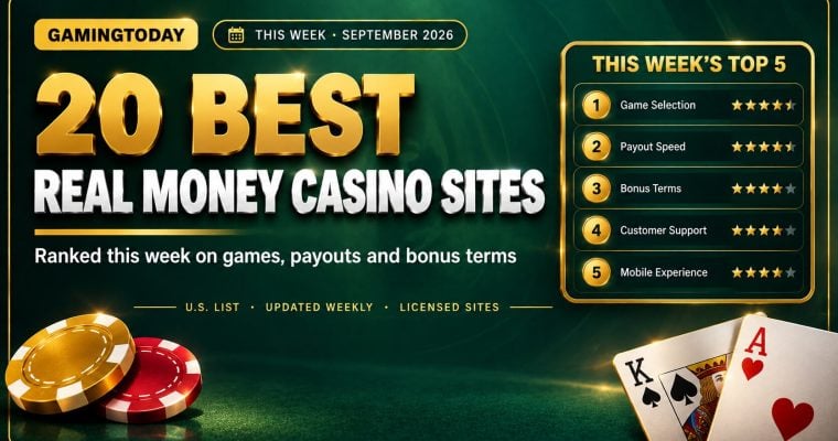 Gold and crimson casino chips with fanned playing cards and a top five leaderboard panel for the 20 best real money casino sites this week