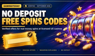 Blank gold promo voucher with a verified check badge beside a spinning slot reel for no deposit bonus codes for real money free spins