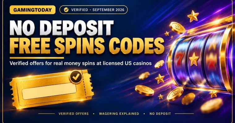 Blank gold promo voucher with a verified check badge beside a spinning slot reel for no deposit bonus codes for real money free spins