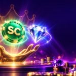 Gold coin, green sweeps coin and blue diamond in a rising arc for the High 5 Casino promo code for new players