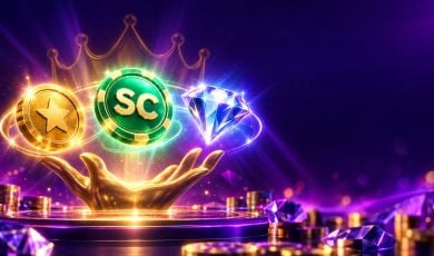 Gold coin, green sweeps coin and blue diamond in a rising arc for the High 5 Casino promo code for new players
