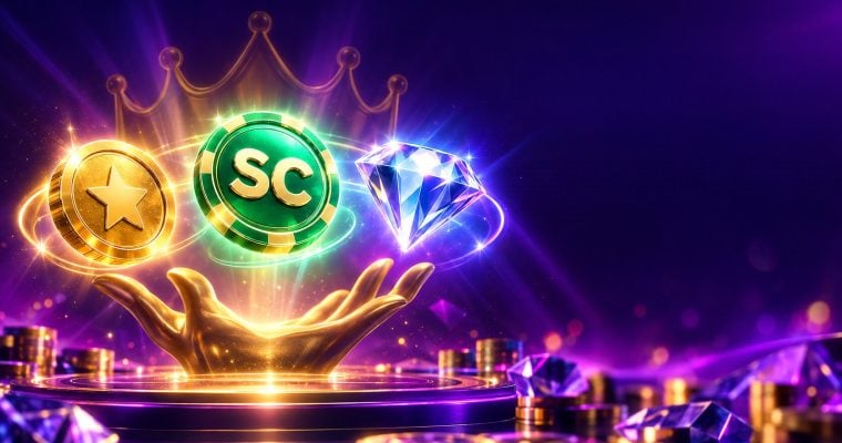 Gold coin, green sweeps coin and blue diamond in a rising arc for the High 5 Casino promo code for new players