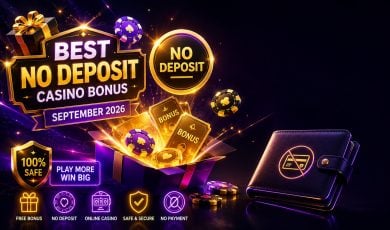 Open gold padlock releasing casino chips beside a closed wallet for no deposit casino bonus offers in the US