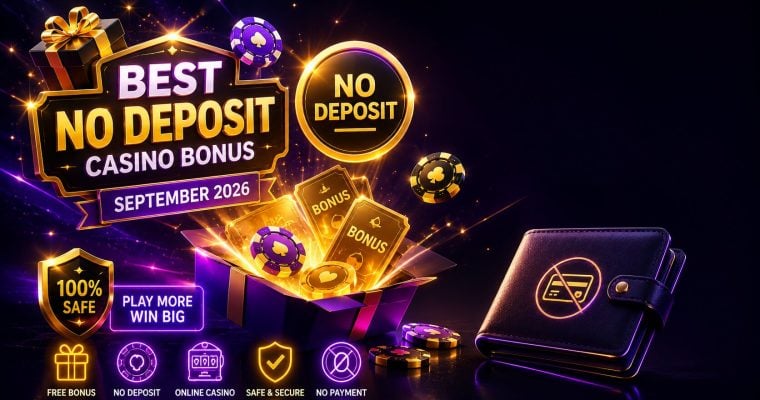 Open gold padlock releasing casino chips beside a closed wallet for no deposit casino bonus offers in the US