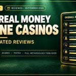 Gold scorecard with rating bars and a score badge beside a magnifying glass for the best real money online casino reviews September 2026