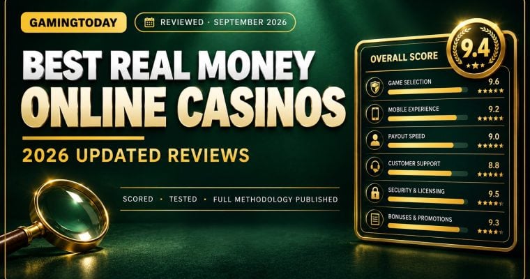 Gold scorecard with rating bars and a score badge beside a magnifying glass for the best real money online casino reviews September 2026