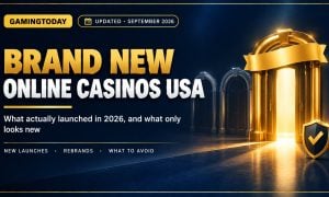 Bright gold archway with light beside two dimmed grey archways and a licensing shield for brand new online casinos in the USA 2026