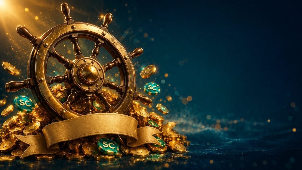 Brass ship's wheel with cascading gold and sweeps coins representing the Chumba Casino sign up bonus and its long track record