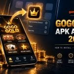 Phone showing a casino lobby installing to a home screen tile beside a crossed-out file icon for the GoGo Gold app