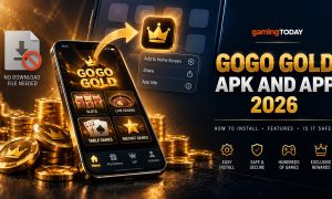 Phone showing a casino lobby installing to a home screen tile beside a crossed-out file icon for the GoGo Gold app