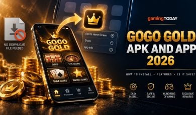 Phone showing a casino lobby installing to a home screen tile beside a crossed-out file icon for the GoGo Gold app