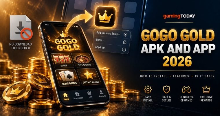 Phone showing a casino lobby installing to a home screen tile beside a crossed-out file icon for the GoGo Gold app