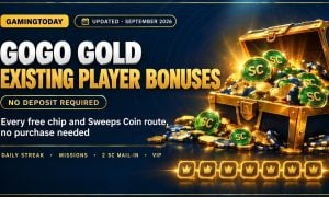 Open gold treasure chest spilling chips and green sweeps coins above a seven-day streak strip for GoGo Gold existing player bonuses