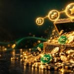 Open gold treasure chest spilling chips and sweeps coins with three ascending bonus orbs for GoGo Gold new player free chips