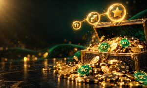 Open gold treasure chest spilling chips and sweeps coins with three ascending bonus orbs for GoGo Gold new player free chips