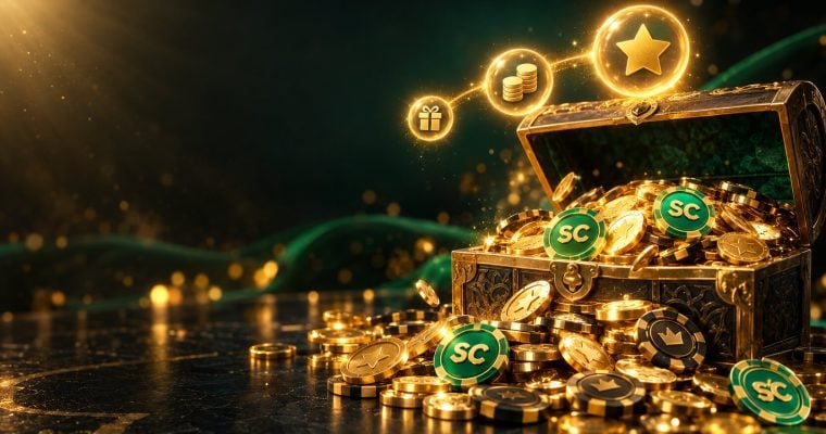 Open gold treasure chest spilling chips and sweeps coins with three ascending bonus orbs for GoGo Gold new player free chips