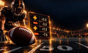 Football beside a glowing orange and gold odds board grid with yard lines for NFL Week 1 2026 odds and spreads
