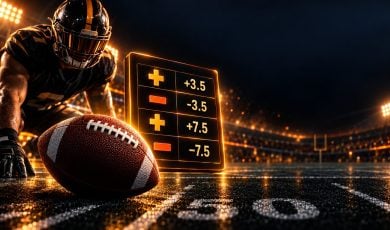 Football beside a glowing orange and gold odds board grid with yard lines for NFL Week 1 2026 odds and spreads
