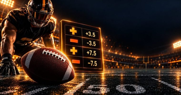 Football beside a glowing orange and gold odds board grid with yard lines for NFL Week 1 2026 odds and spreads