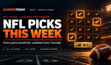 Grid of orange pick markers with a record badge beside a football for NFL picks this week against the spread